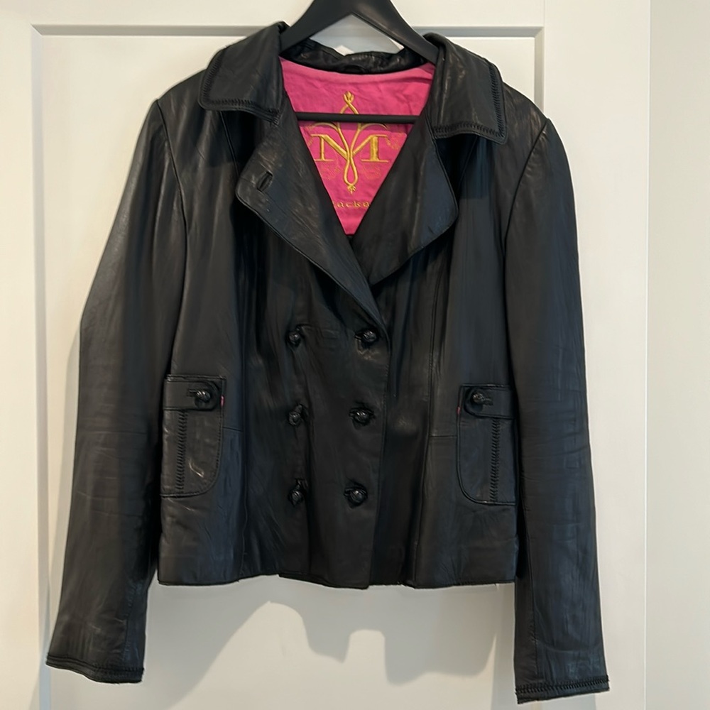 Mackage M/L genuine leather jacket, black with satin sleeve lining. Good cond!